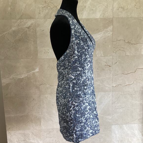 SHO by Tadashi Shoji Lara Sequin Lace Mini Dress 0 Blue Deep V Halter Cocktail - Picture 9 of 14